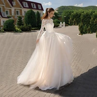 pastrol long sleeves lace appliques wedding dress elegant tulle o neck a line floor length lace up backless bridal gown 2022