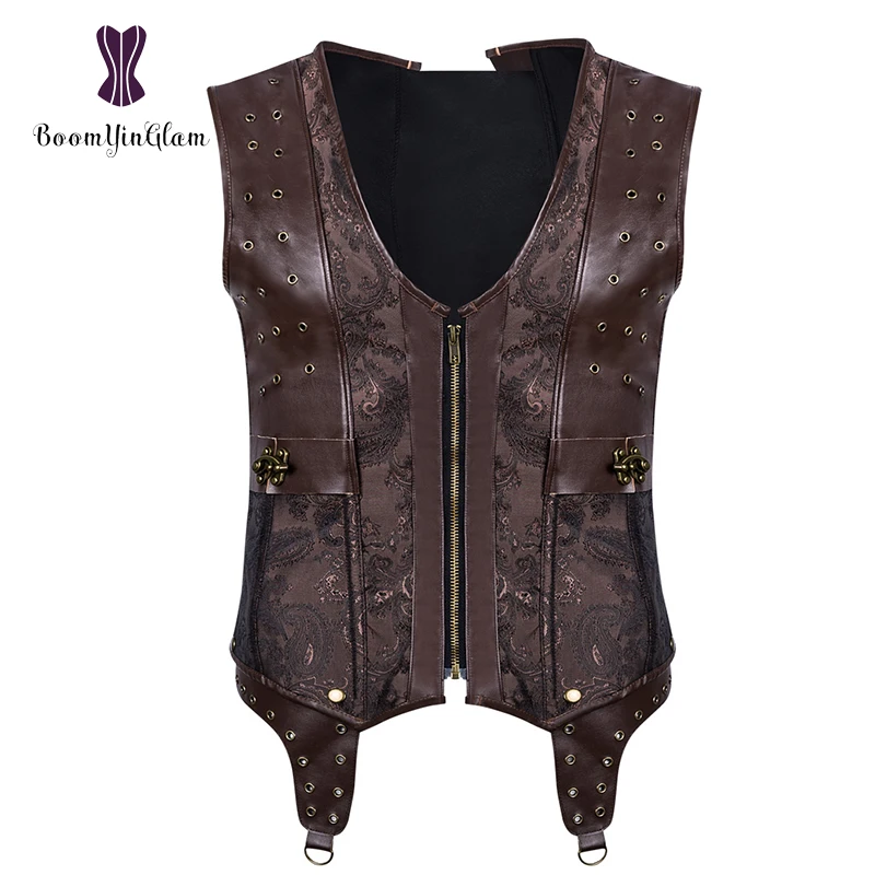 Темно коричневый мужской стимпанк Одежда из искусственной кожи жилет 12 стальных