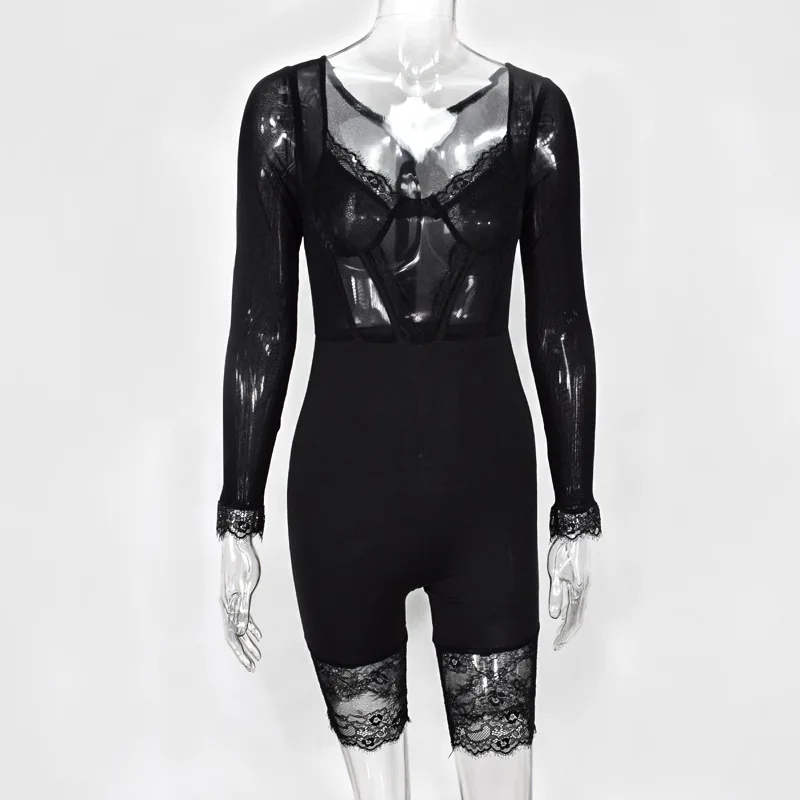 

Autumn and Winter Women Long Sleeve Stitching Mesh Lace Sexy Jumpsuit One Piece Jumpsuit Women Jumpsuit Romper Bodycon Playsuit