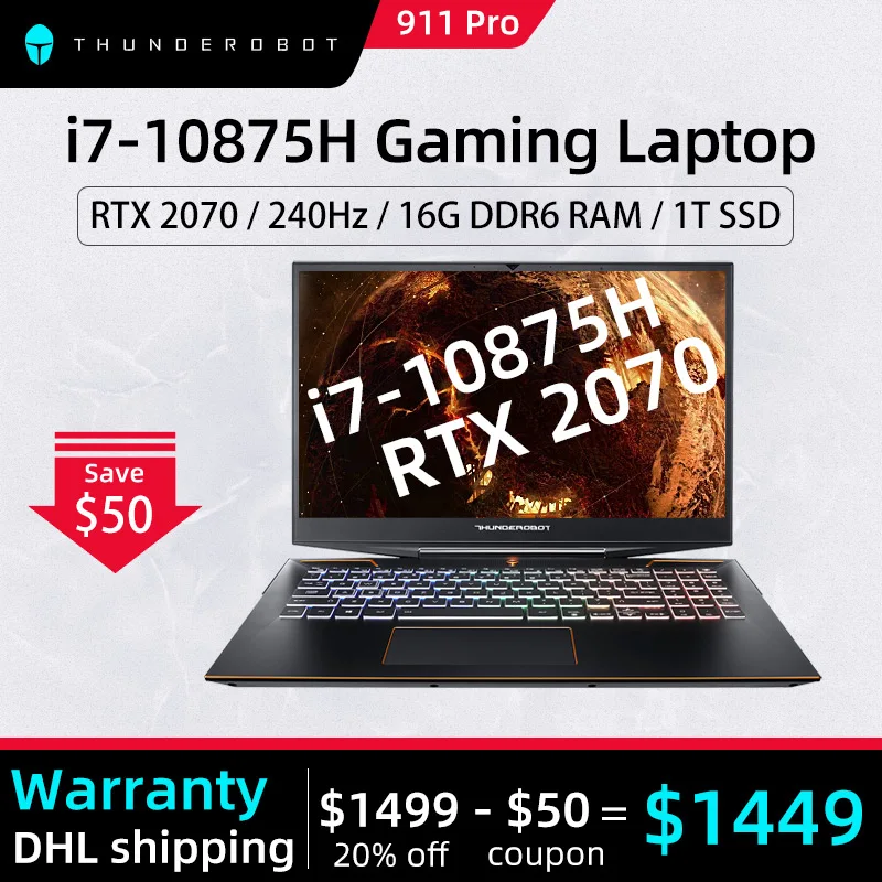 

ThundeRobot 911 PRO Gaming Laptop RTX2070 i7-10875H Notebook 240Hz 72%NTSC 16G RAM 512G SSD FHD IPS WiFi 6 RGB Keyboard