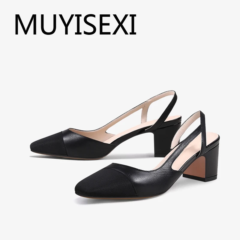 

Women fashion elegant pumps genuine leather 5.5cm high heels mixed colors slip on square toe cozy slingback shoes HL218 MUYISEXI