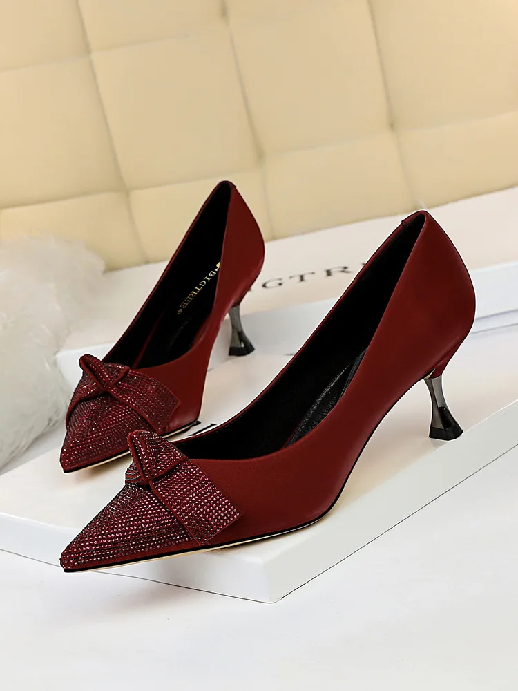 

Женские тонкие туфли; Элегантные модные вечерние туфли на высоком металлическом каблуке с бантом