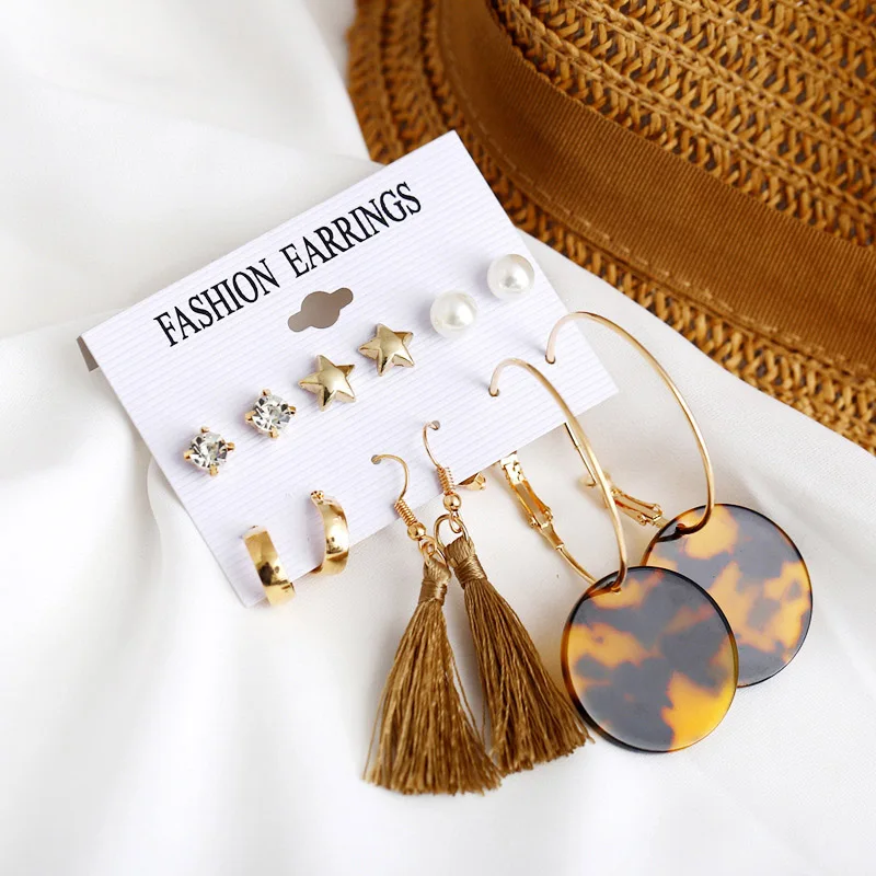 

2019 Brincos Bohemian Long Tassel Earrings Set For Women Geometric Leopard Print Acrylic Drop Earring Set Female Fashion Jewelry