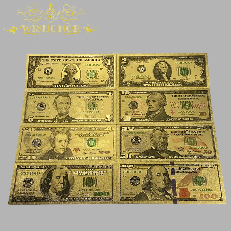 

8pcs/lot Nice America 1 2 5 10 20 50 100 Banknote in 24k Gold Plated For Collection