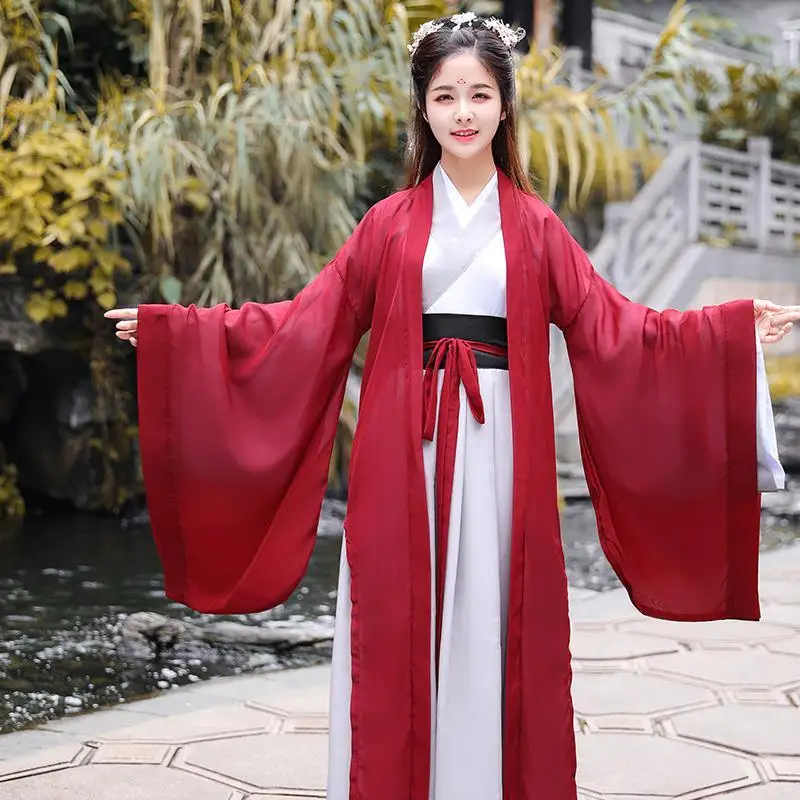 

4pcs Chinese Traditional Hanfu Dress Tang Suit Tops Skirt Cardigan Red Outfits for Women Men Kimono Cosplay Han Dynasty Costume
