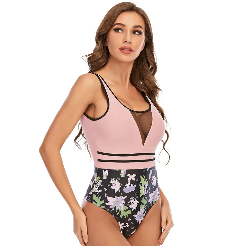 

2021 Ladies One-Piece Sexy Hollow Patchwork Swimsuit Halter Print Beach Bikini