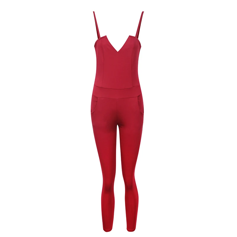 

Solid Spaghetti Strap Pocket Design Casual Jumpsuit Women Sleeveless Skinny Rompers Jumpsuits Overalls
