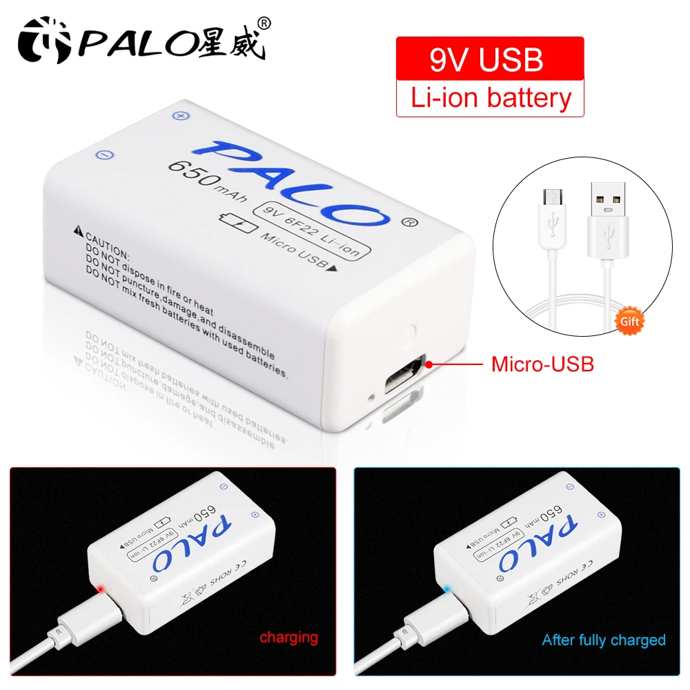 PALO 9V 650 мА/ч Перезаряжаемые Батарея 6F22 Micro USB 9 для литий ионной батареи игрушка