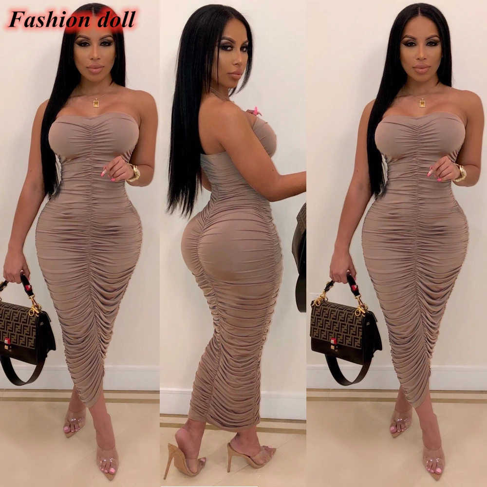 Элегантные пикантные bodycon женщины рукавов без бретелек Оболочка Твердые ruched лето длинное платье vestidos роковой
