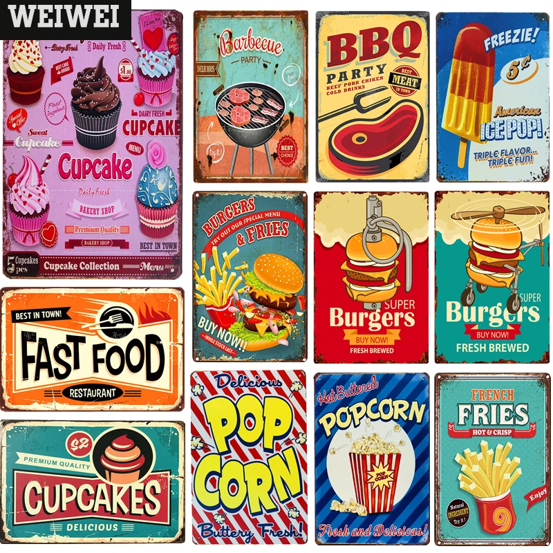 

BBQ Fast Food Hamburger Metal Tin Signs Wall Decor Cupcake Pop Corn Hot Dog Shabby Chic Vintage for Kitchen Cafe Diner Bar