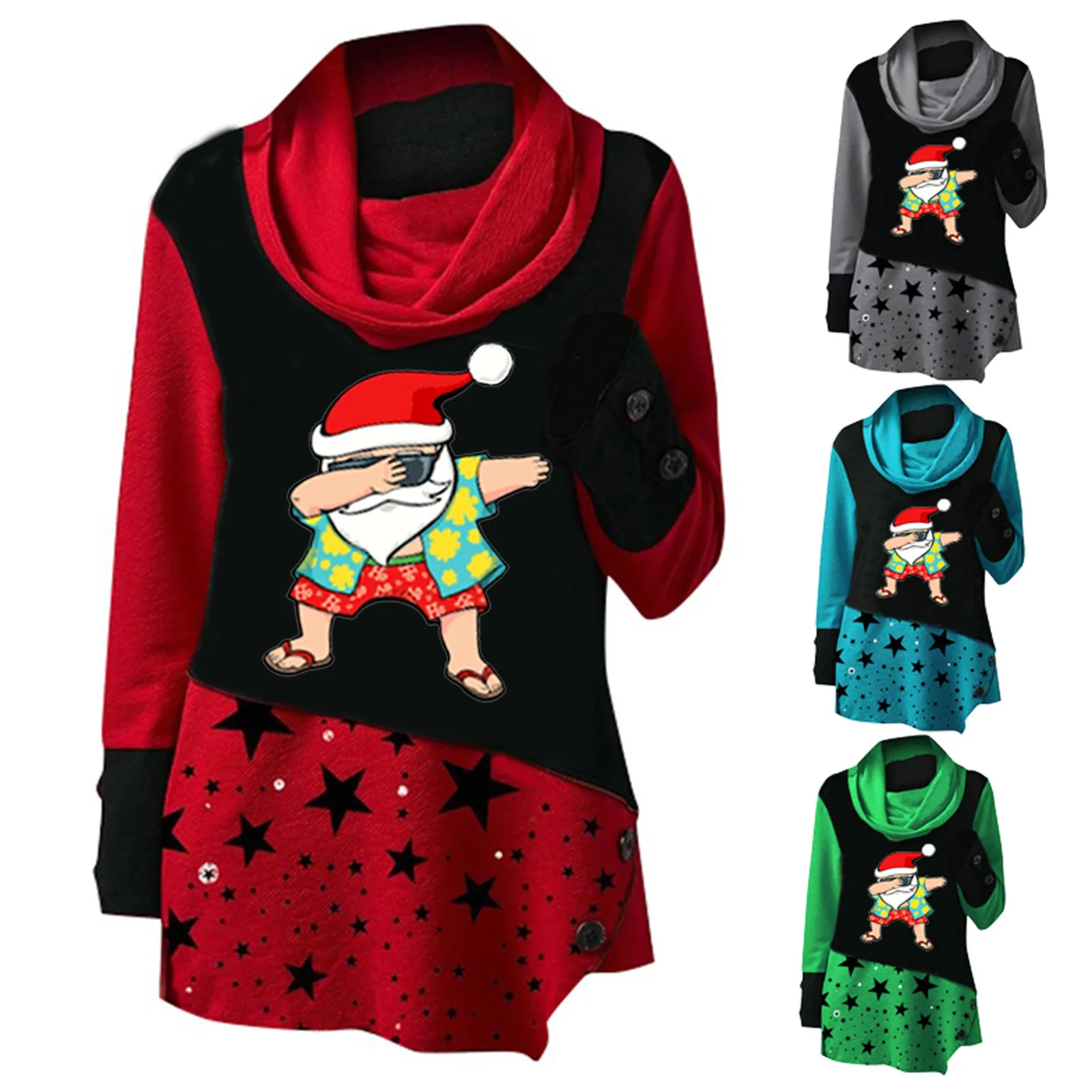 2021 Santa Claus Print Sweatshirt Fashion Women Christmas Print Stitching Piles Collar Long Sleeves Tops Clothing Bluza #dz