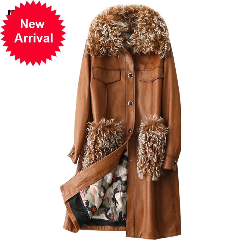 

Женское кожаное пальто с воротником из натуральной овечьей шерсти, модель A69027 на осень/зиму, 90% пуха