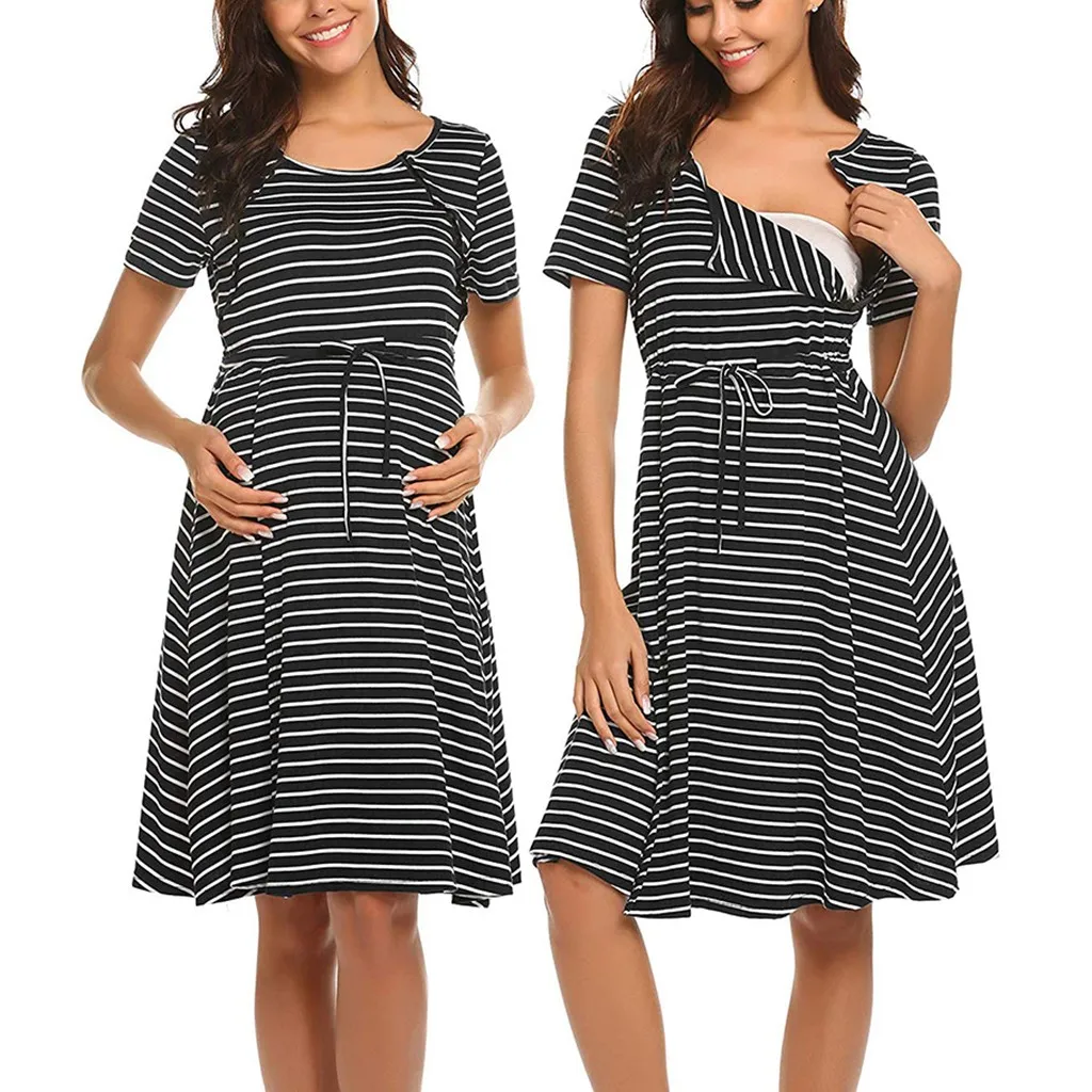 Женская ночная рубашка в полоску с коротким рукавом для грудного вскармливания