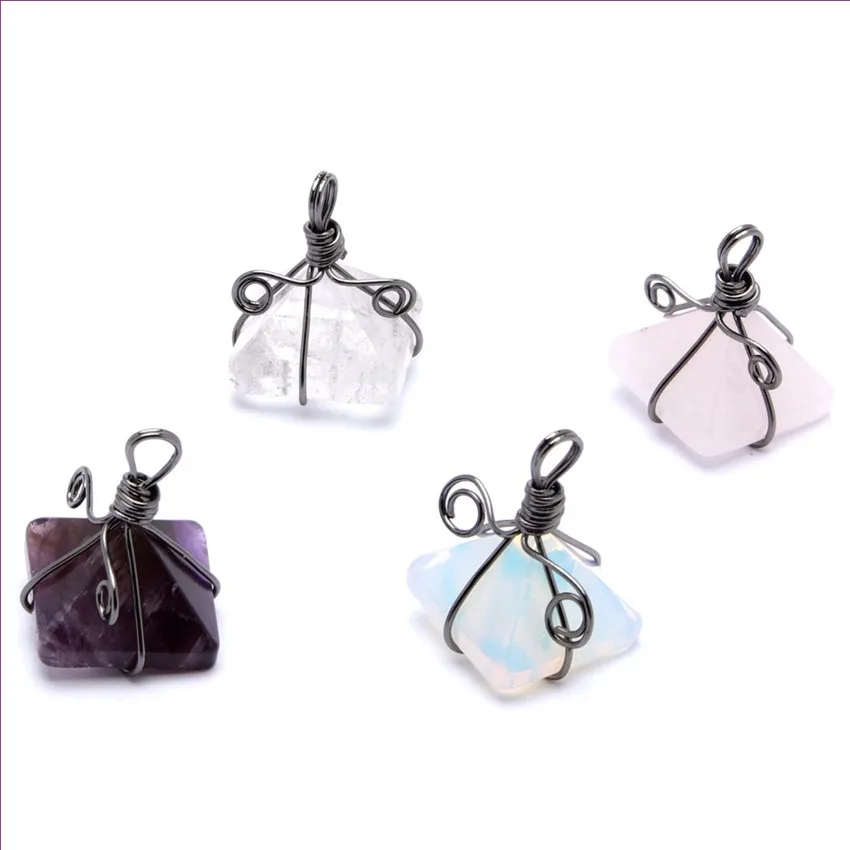 

10 Pcs Attractive Design Silver Plated Wire Wrap Square Pyramid Amethysts Stone Pendant Opalite Opal Jewelry