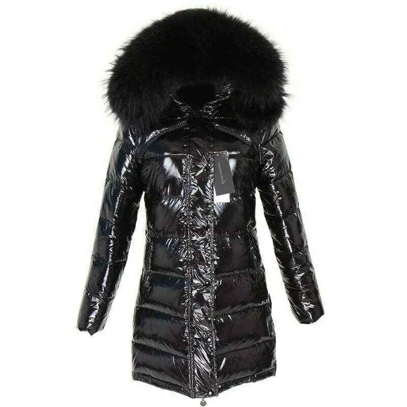 

Winter Long White Duck Down Lining Real Raccoon Fur Collar Warm Black Shiny Outerwear Winter Warm Soft Woman Parkas Bubble Coats