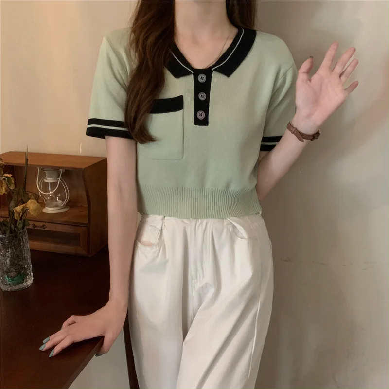 

Summer Knitted Crop Women Clothing Casual New Bump Color Spot Summer Polo Collar Short Sleeve Blouse Spliced Sweet Girl Wear