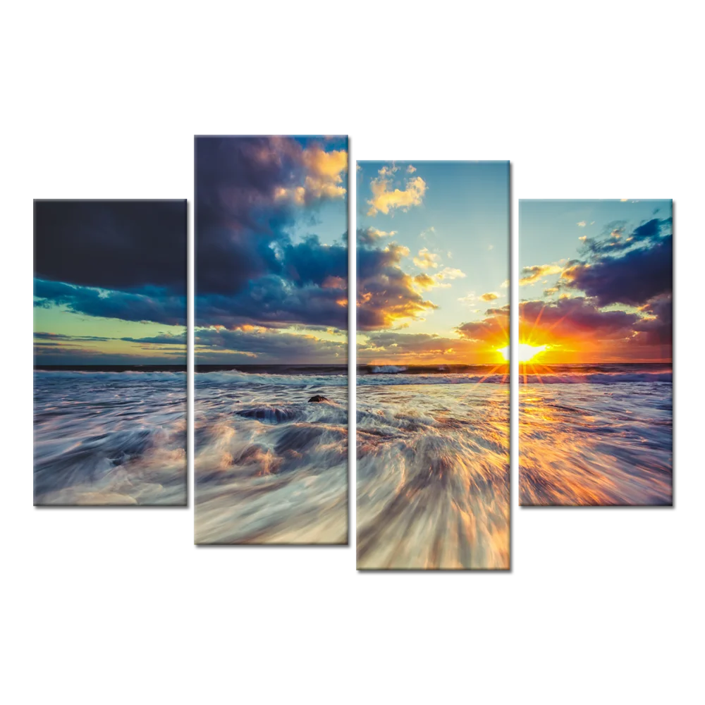 

4 Pieces Beach Landscape Poster Wall Art Golden Sunset Print Canvas Painting Modern Style Picture Living Room Room Decor