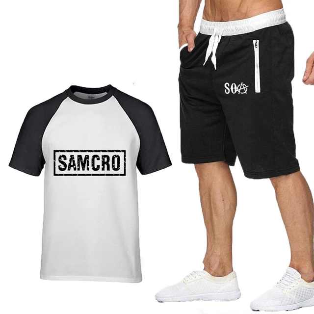 

New Summer SOA Sons of Anarchy Mens T-shirt SAMCRO Skull Print Crew Cotton Men's T Shirts+pant 2Pcs suit