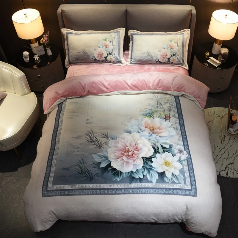 

Blue Color Diamond printed Duvet Cover Set Fleece Warm Ultra Soft Flowers Bedding Set for Winter Bed sheet set King Queen size