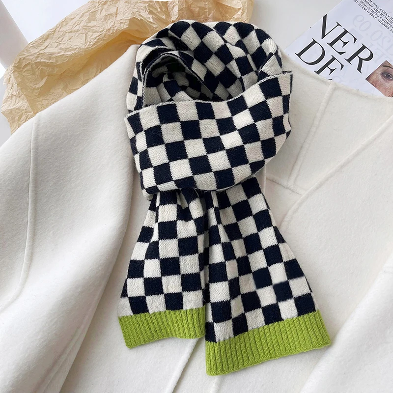 

Luna&Dolphin Women Winter Black White Checkerboard Pattern Scarf Chic Green Neckerchief Warm Knitted Woolen Ins Pashmina Shawl