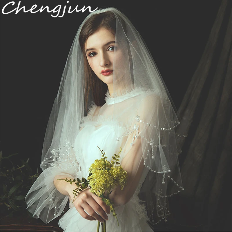 Chengjun мягкая Тюлевая двухслойная фата с бисером по краю новая свадебная