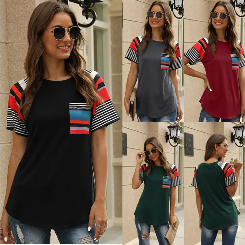 

Women's Casual T-shirt 2020 Spring Summer New Short Sleeve European and American Striped Print Stitching O-Neck Loose Top