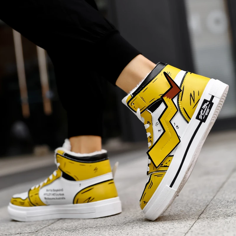 Winter Men Shoes Casual Fashion Kawaii Pikachu Sneakers Outdoor Plush Fur Warm High Top Running Dropshipping AODLEE | Обувь