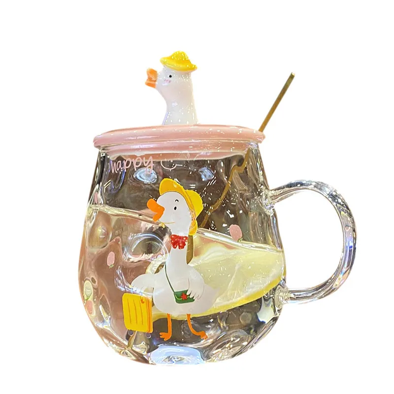 Cute cartoon milk straw glass with ins style personality trend household mug lid spoon Little yellow duck cup | Дом и сад