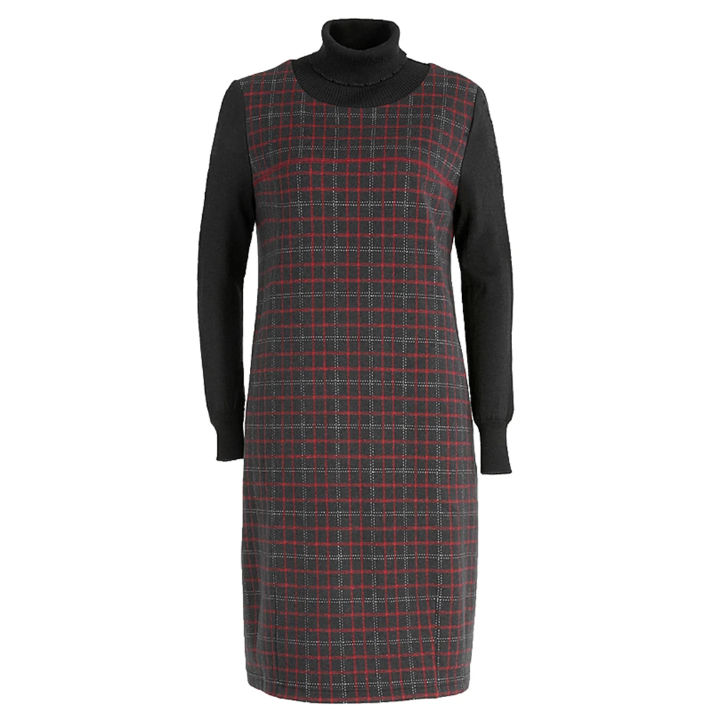 

Gowani Sweater Dress Fall Winter Women Elegant Black Plaid Woolen Long Sleeve Turtleneck Knit Wear