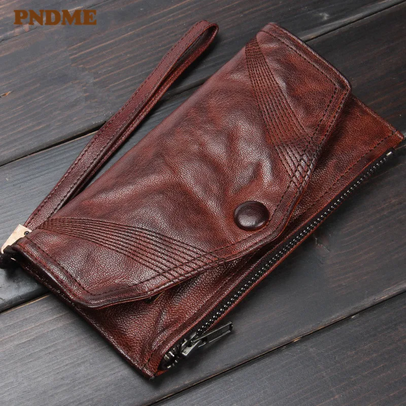 

PNDME fashion vintage natural genuine leather folds men's women's clutch wallet designer luxury real cowhide phone coin purse