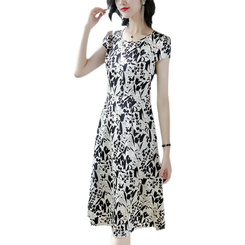 

2021 Classy Black Print Whtie Mulberry Silk Midi Dress Summer Vintage Casual 4XL Plus Size Sundress Women Bodycon Party Vestidos