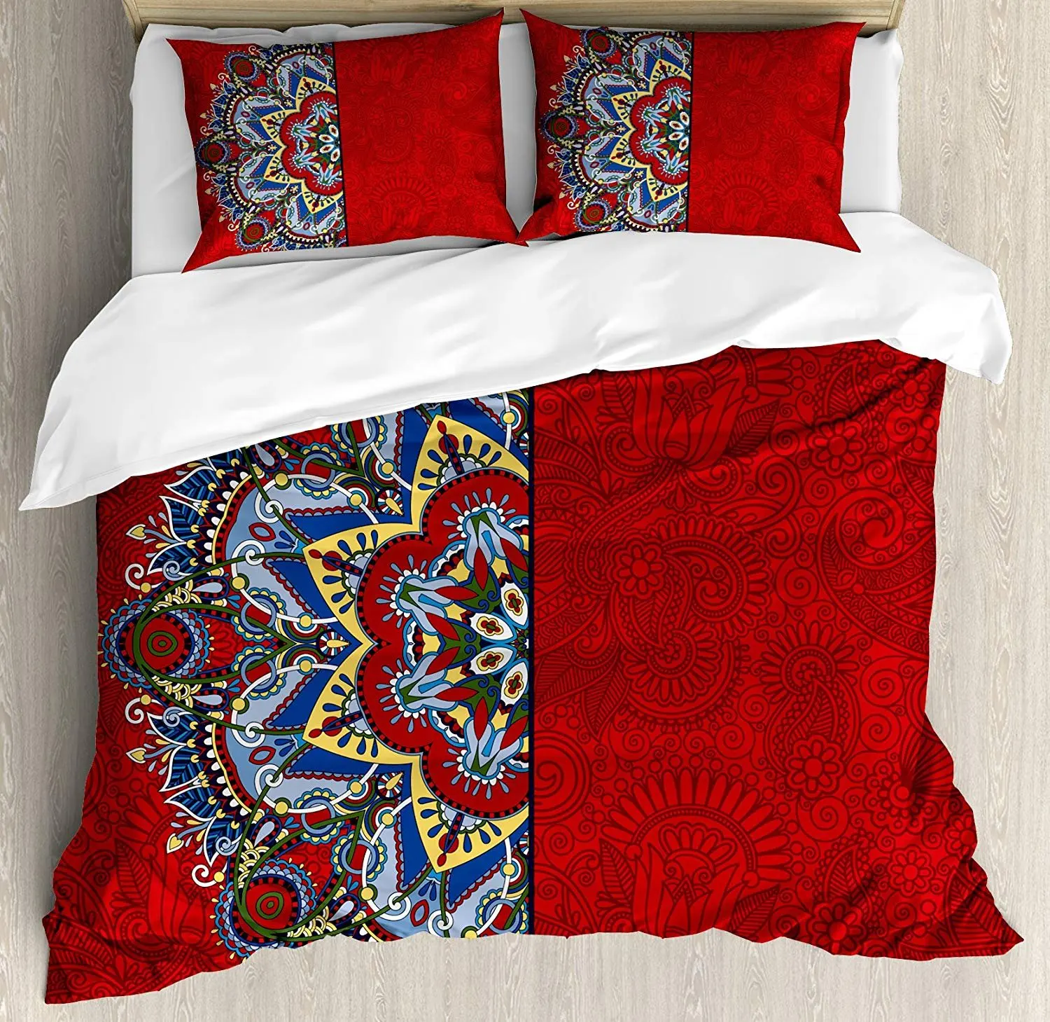 

Red Mandala Bedding Set Ukranian Ethnic Design Half Mandala with Swirls and Flowers Image Duvet Cover Pillowcase For Home