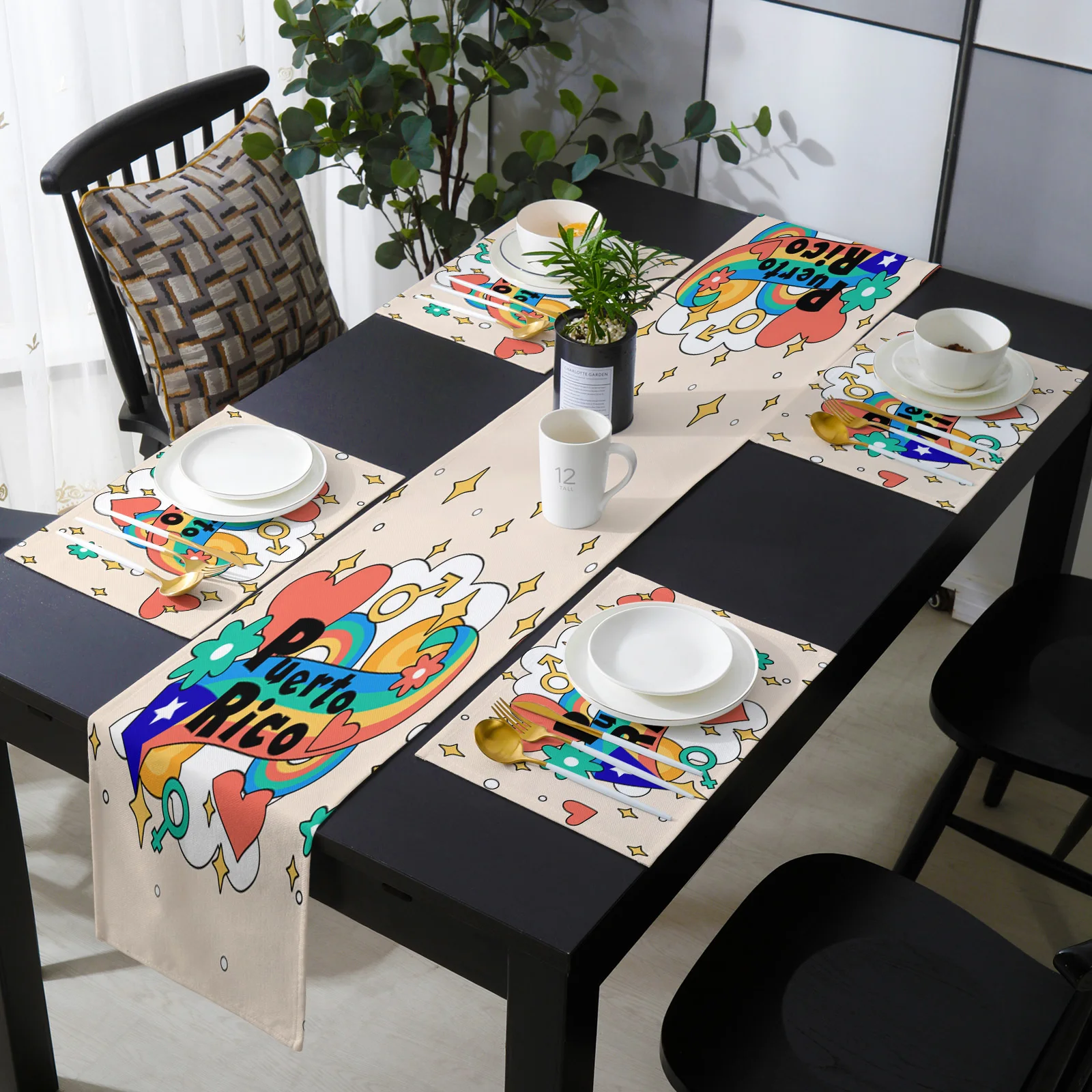 

Rainbow Puerto Rico Illustration Flag Table Runner and Placemats Set Wedding Table Decoration Table Runner for Kitchen Dining