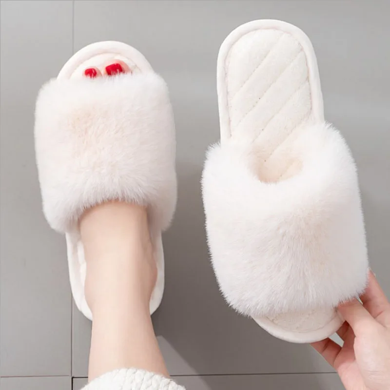 

Тапочки женские зимние из искусственного меха, теплые плюшевые домашние тапочки на плоской подошве, с открытым носком, удобная модная домаш...