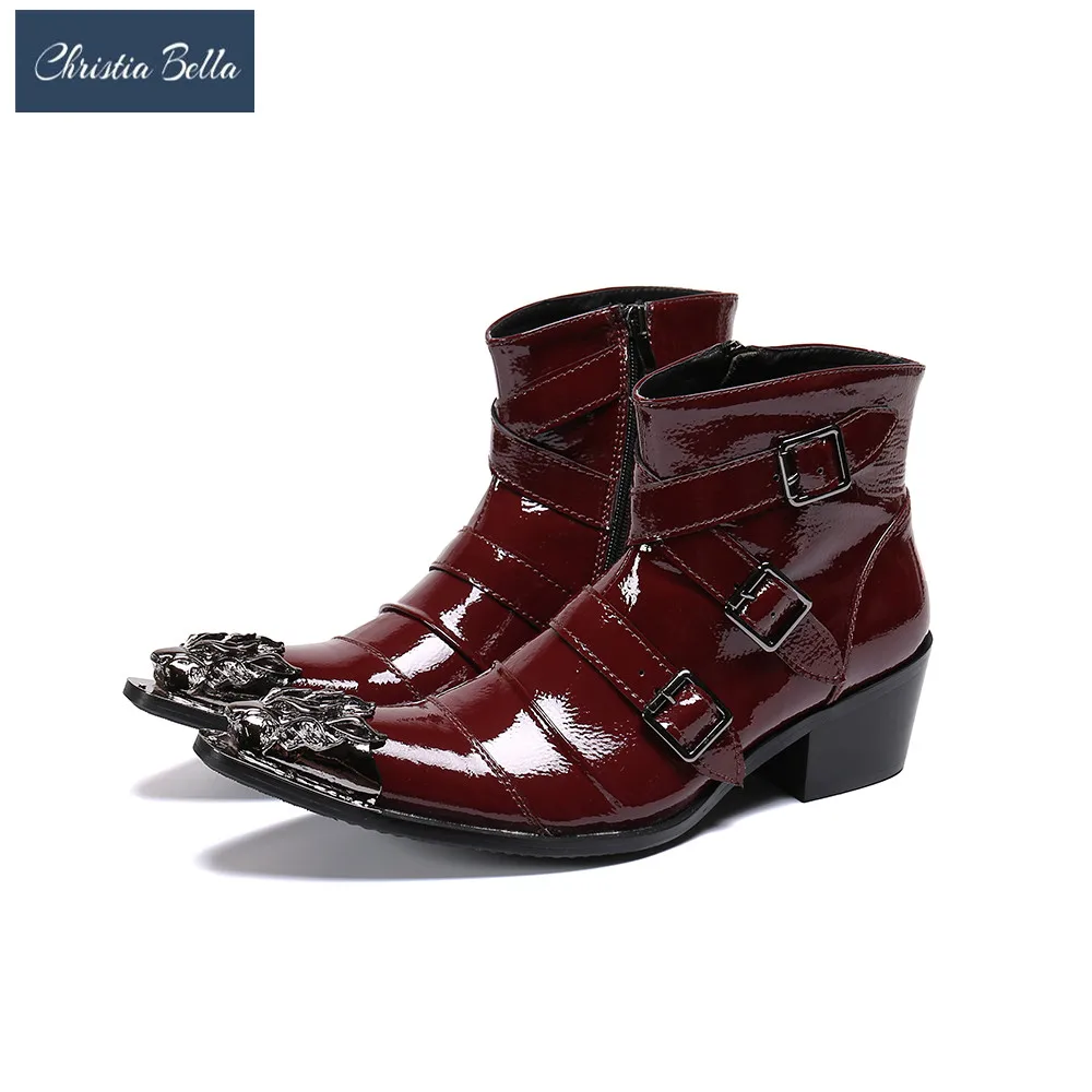 Итальянские ботинки ручной работы заостренный носок металлический красный цвет