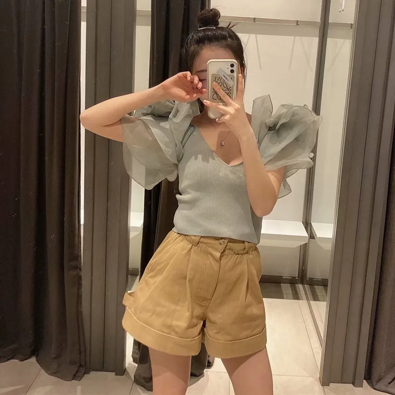 Женский ТРИКОТАЖНЫЙ УКОРОЧЕННЫЙ ТОП Za элегантная объемная короткая блузка из