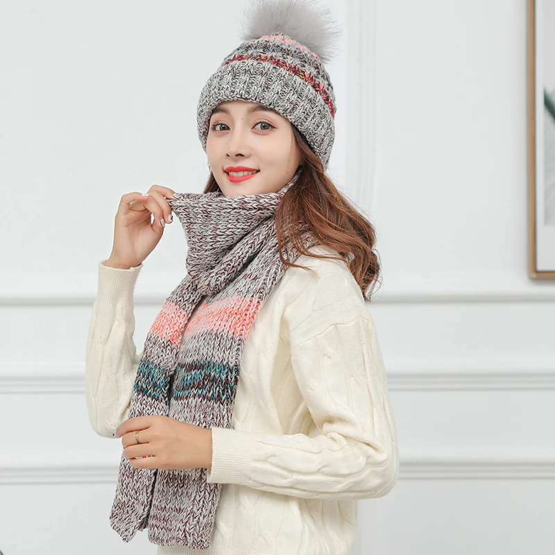 

Fashion Winter Women Knitted Hat Scarf Set Female Warm Pompon Hat Ring Scarf Set Fashion Thicked Hat Set Casual Snow Caps With L
