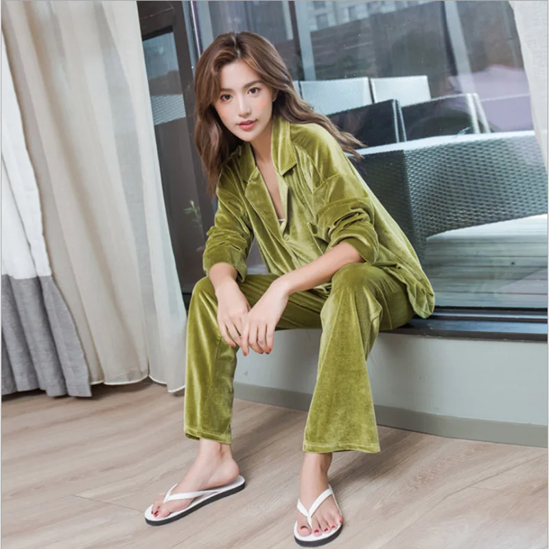 Женский пижамный комплект из бархата золотого цвета сезон осень Новинка