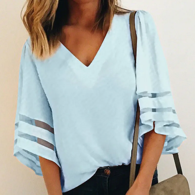 Женская блузка с v-образным вырезом расклешенными рукавами сетчатая Лоскутная