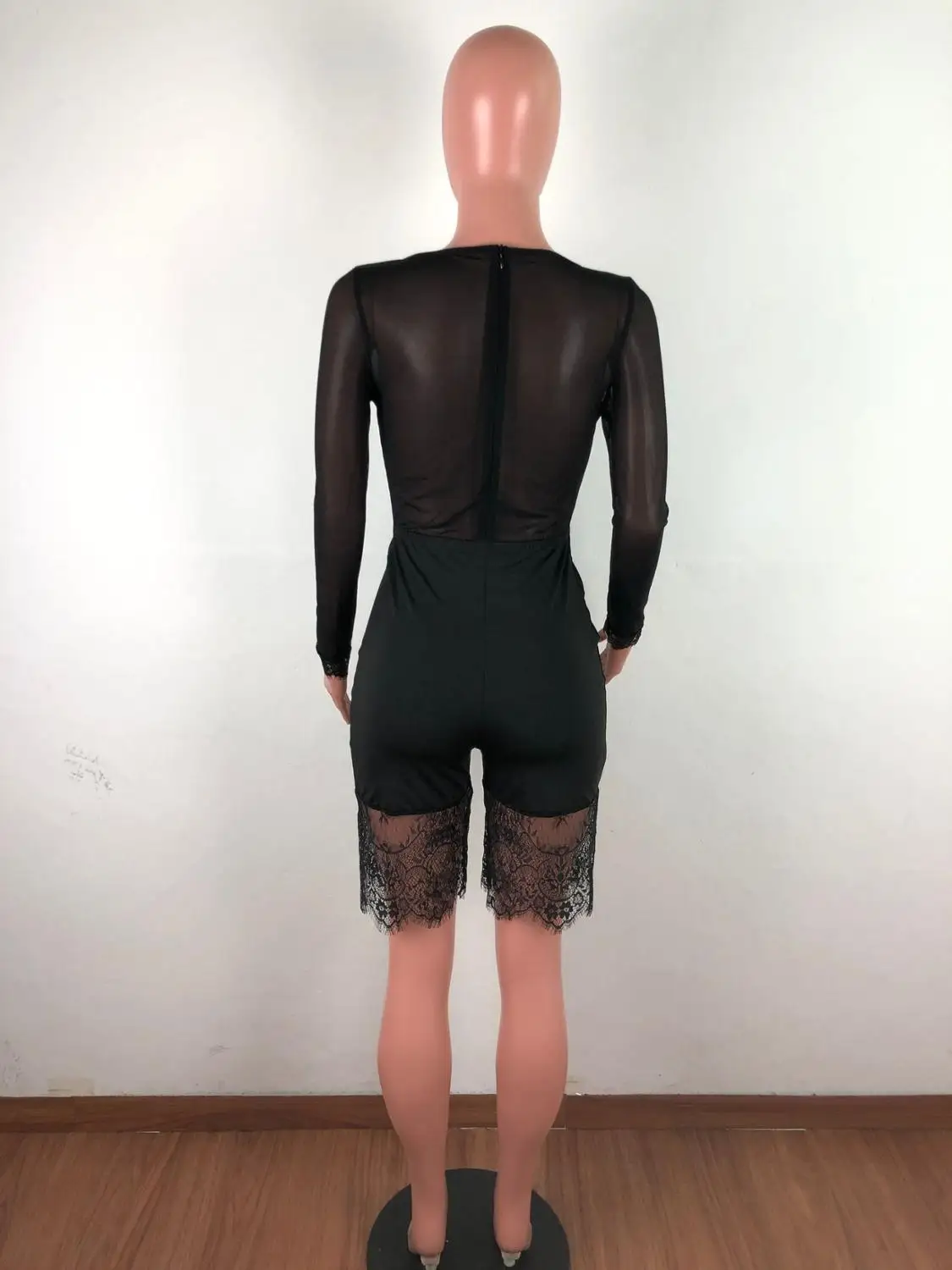 

Long Sleeve Slim Lace Sexy Playsuits Deep V See Through Autumn Club Slim Rompers Women Black Elegant Party Night Short Jumpsuits
