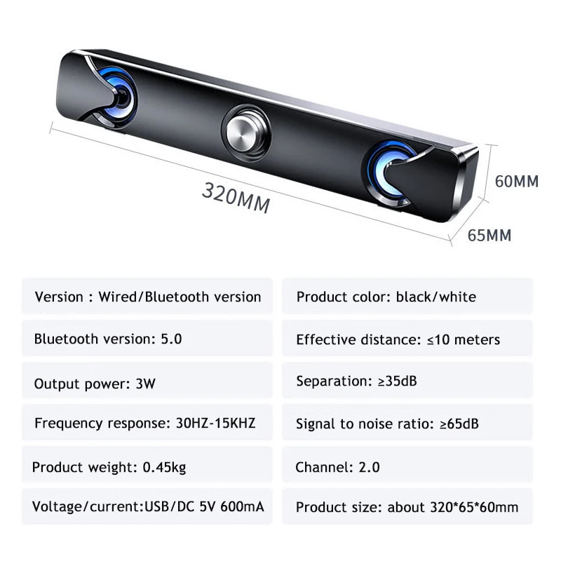 

USB Soundbar Bluetooth Speaker Combo 3W Wireless Subwoofer 3.5mm AUX Input Clumn Computer Speaker