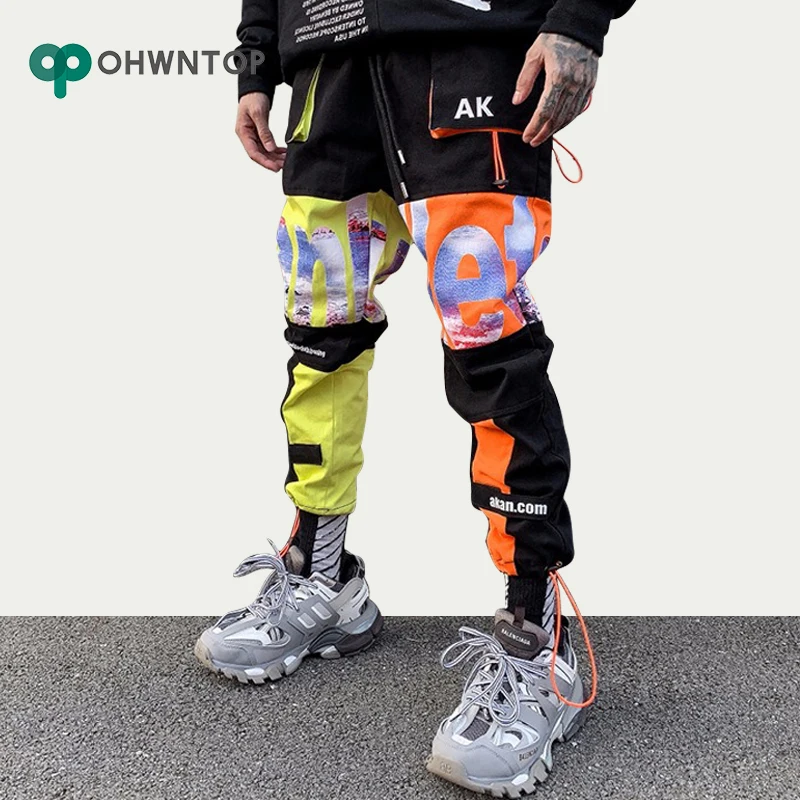 Мужские лоскутные брюки-карго с карманами контрастные цвета шаровары для бега
