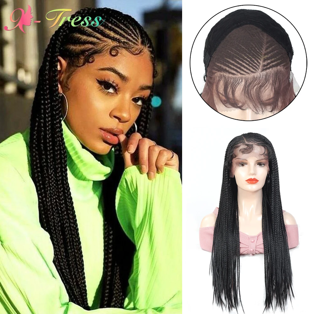 

X-TRESS Synthetic Lace Front Wig Natural Black Box Braided Wig for Black Women Side Part Lace Frontal Braided Wig with Baby Hair
