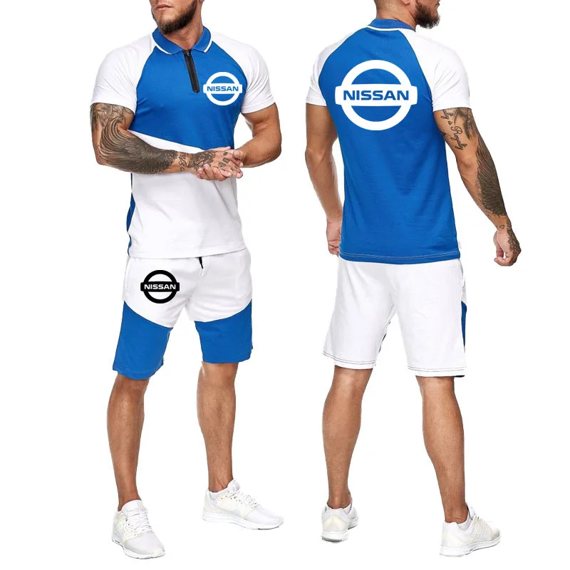 

2021 Hot sale Nissan car logo Print Fashion casual Mens short sleeve Suit 100% cotton Mens polo shirt + shorts 2-piece set
