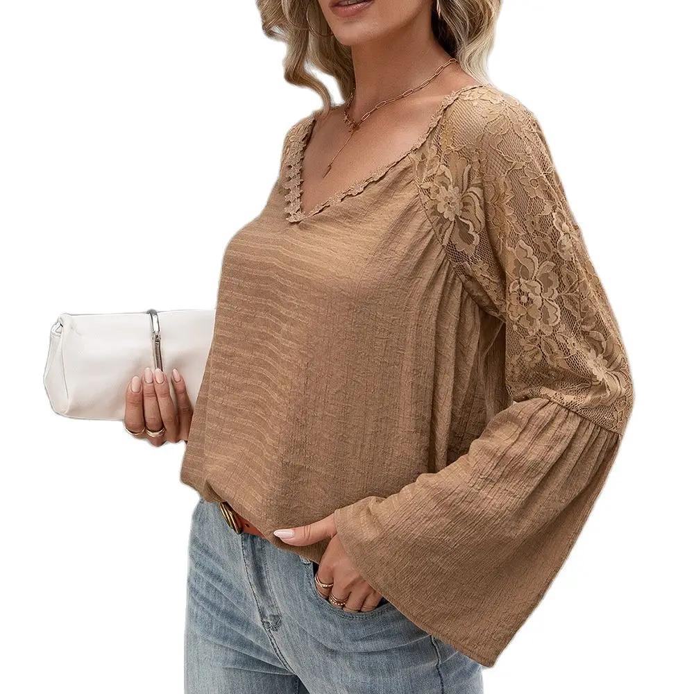 

2021 Women's Clothing Solid Color Splicing Lace Hollow Out V-neck Long Sleeve Jacket