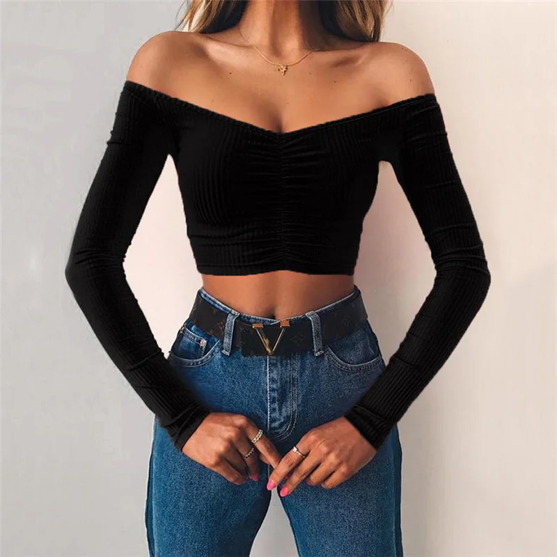 

hirigin New Off Shoulder Long Sleeve Tops Women Solid Ribbed T-shirt Casual Slim Slash Neck Bandeau Crop Tops Female Chic Tees