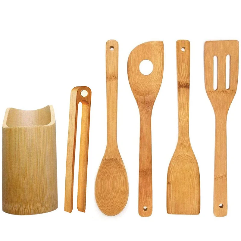 Набор бамбуковой кухонной утвари-набор из 6 предметов утвари с держателем