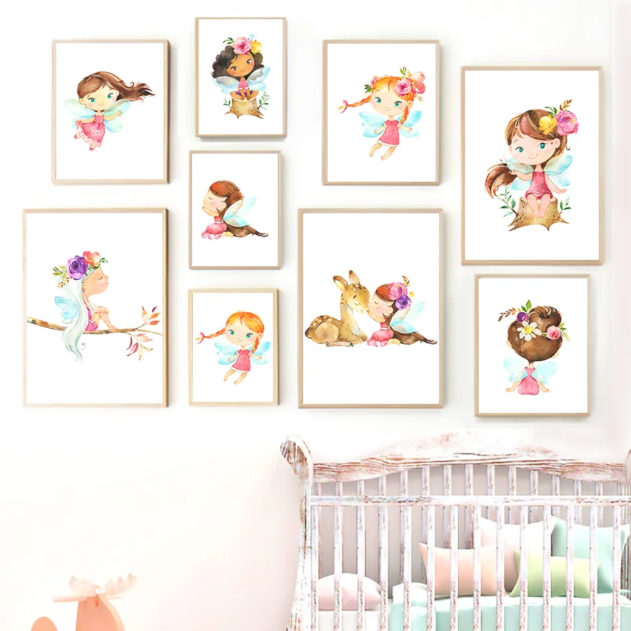 

Flower Deer Cute Girl Wing Nordic Posters And Prints Wall Art Canvas Painting Cartoon Wall Pictures For Baby Kids Room Decor