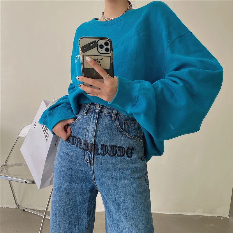 

Letter Embroidered Jeans for Women 2021 Spring New Loose Slimming High Waist Straight Mopping Pants All-Match Wide Leg Pants