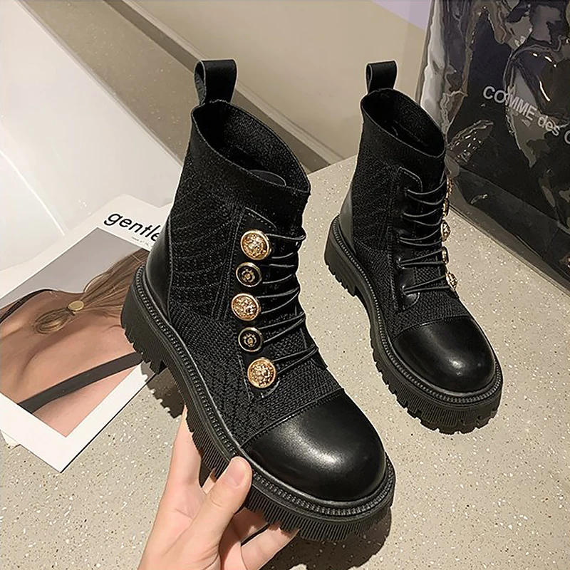 

Fashion Elastic Women Boots 2021 Autumn Round Toe Mid-Calf Boots British Style Button Flat Women Shoes Knitted Martin Boots